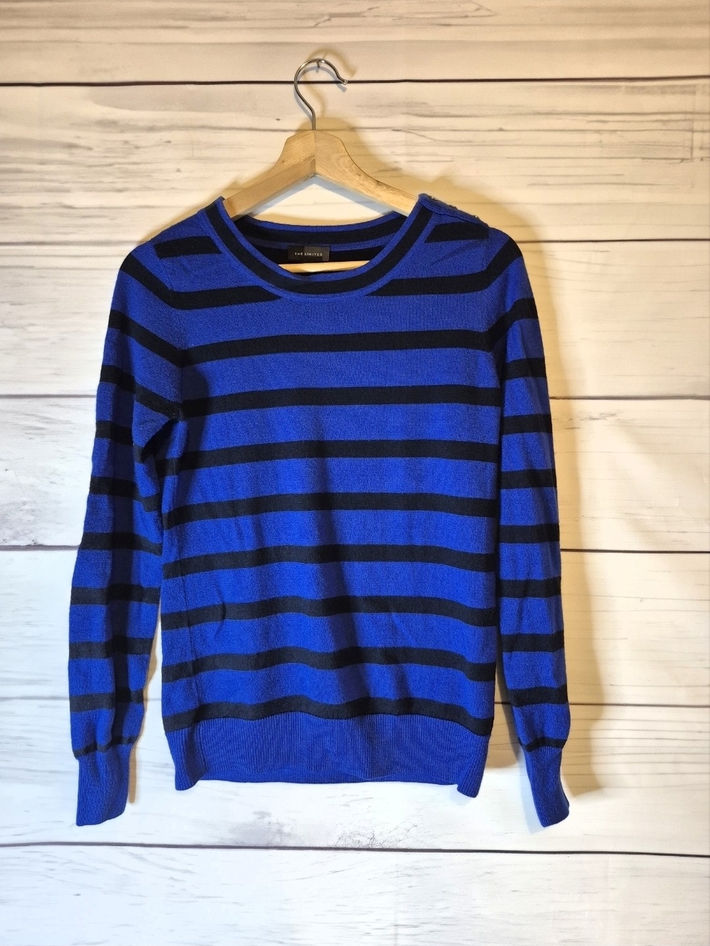 The Limited Blue and Black Striped Crewneck Sweater With Button Detail Medium
